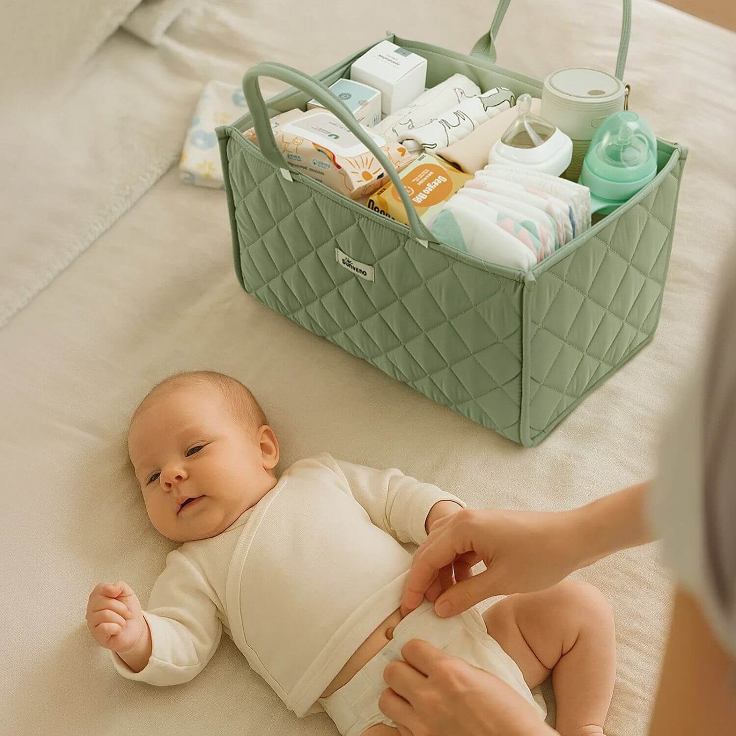 Baby lying on a bed nSunveno Quilted Diaper Caddy Organizer - Green filled with baby items