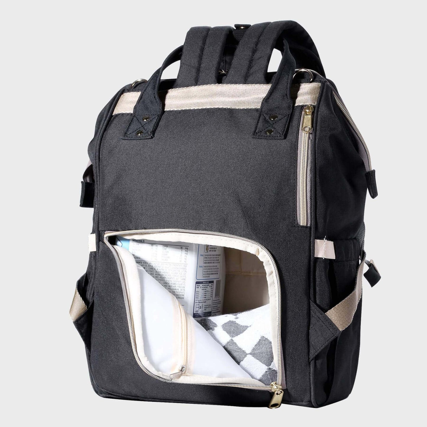 Sunveno Classic Embroidered Diaper Backpack with a clear front pocket on a light gray background