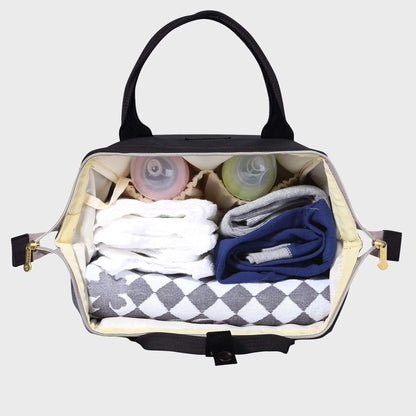 Open Sunveno Classic Embroidered Diaper Backpack with baby items including diapers and a blanket on a white background