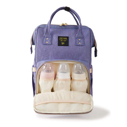 Sunveno Classic Embroidered Diaper Backpack - Purple Deer with bottles inside on a white background