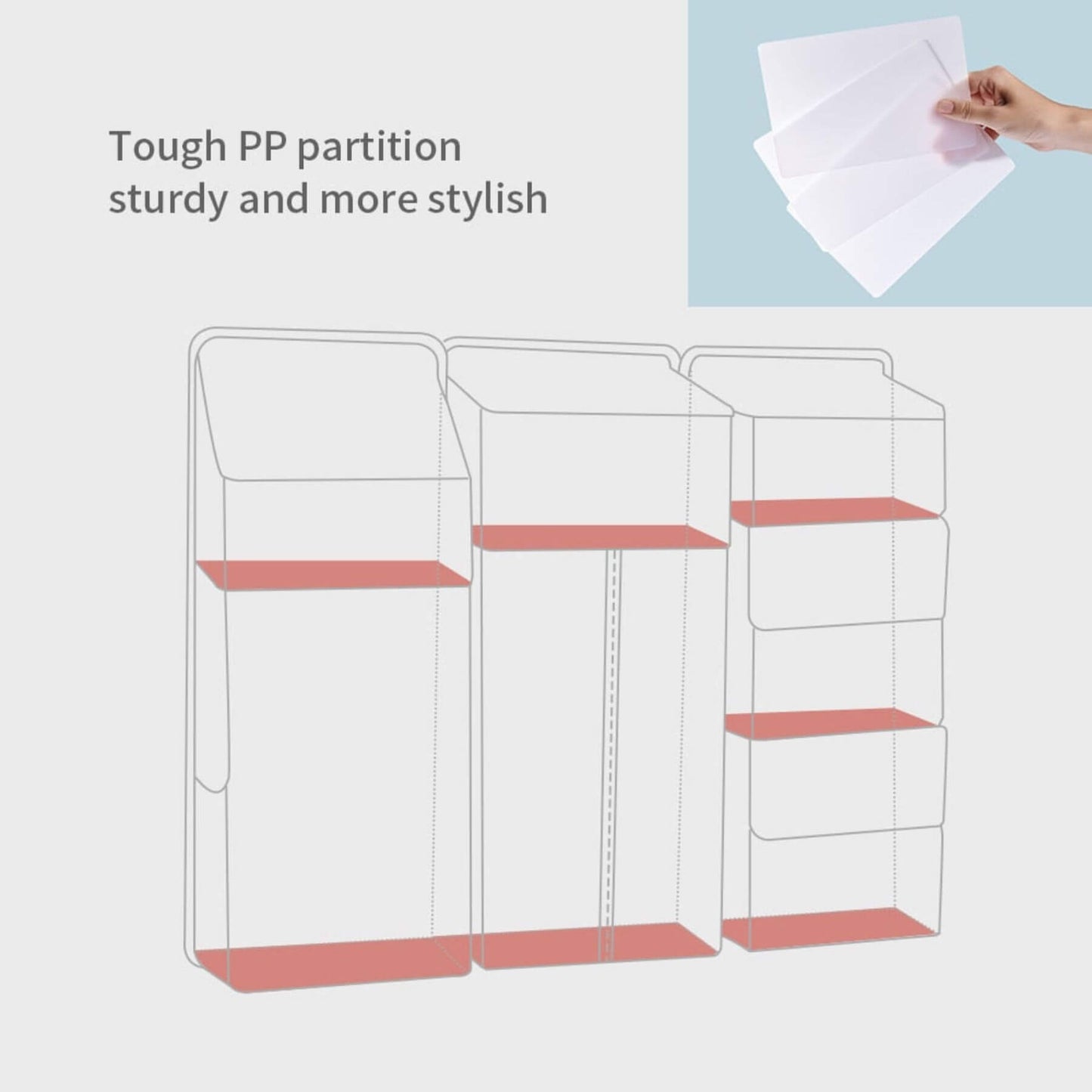 Clear partition with red shelves and text 'Tough PP partition, sturdy and more stylish' on a white background.