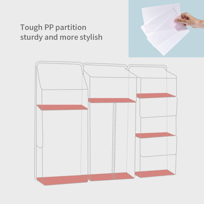 Clear partition with red shelves and text 'Tough PP partition, sturdy and more stylish' on a white background.