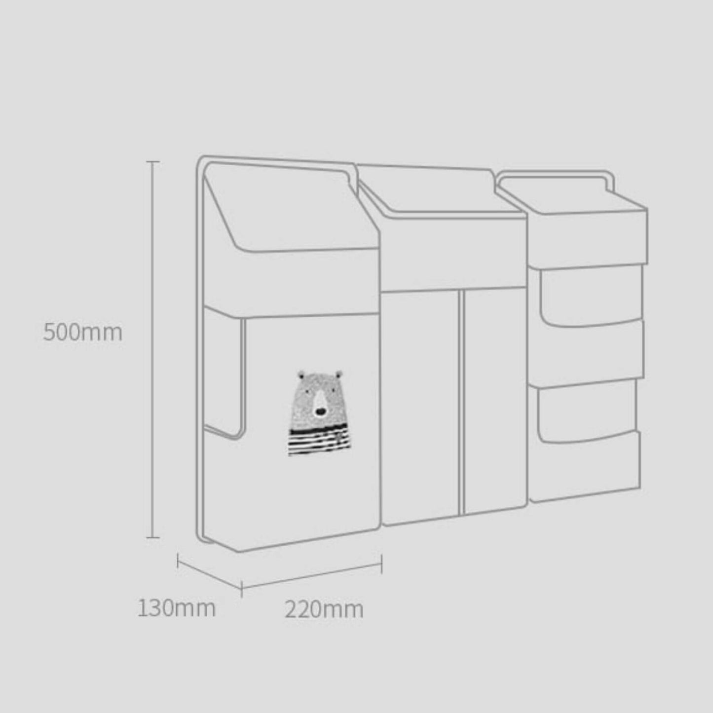 Line drawing of a product with dimensions labeled on a gray background