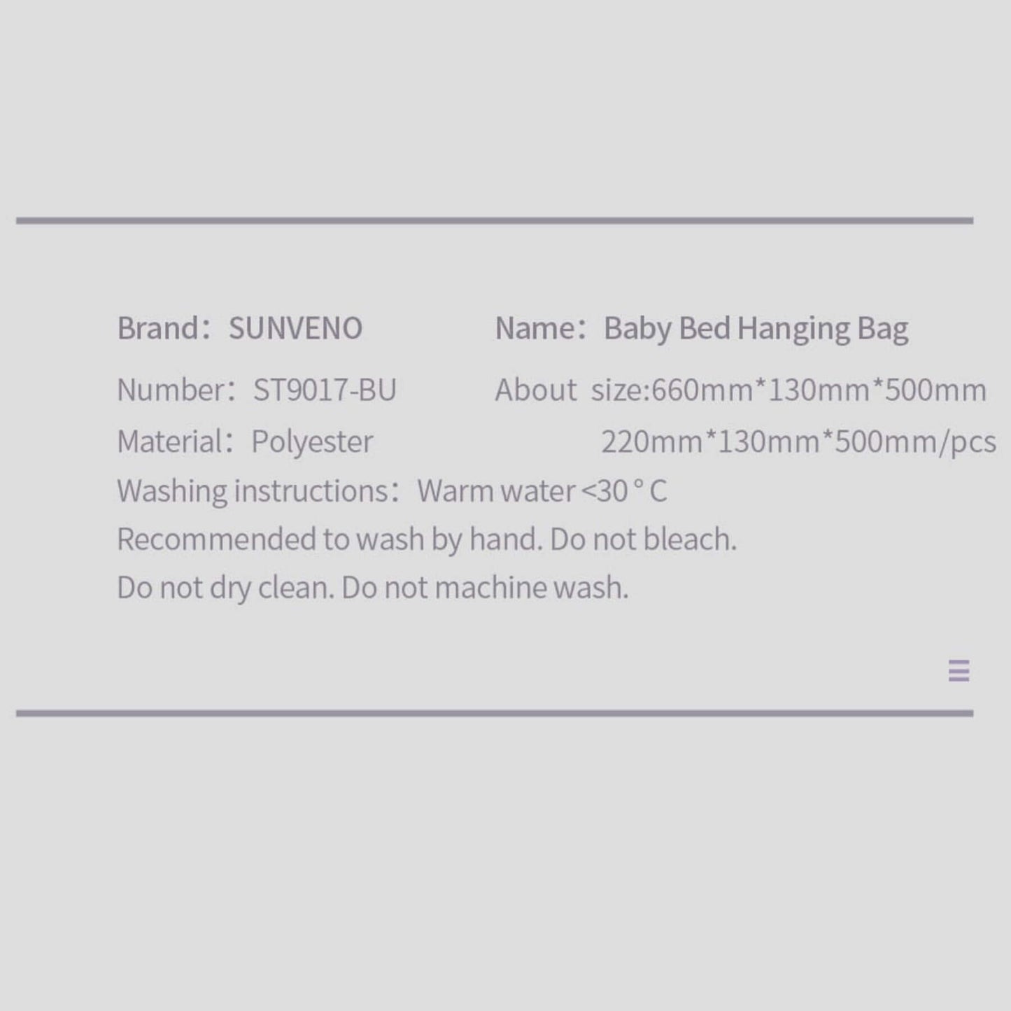 Product details of a baby bed hanging bag with brand, name, size, material, and washing instructions.