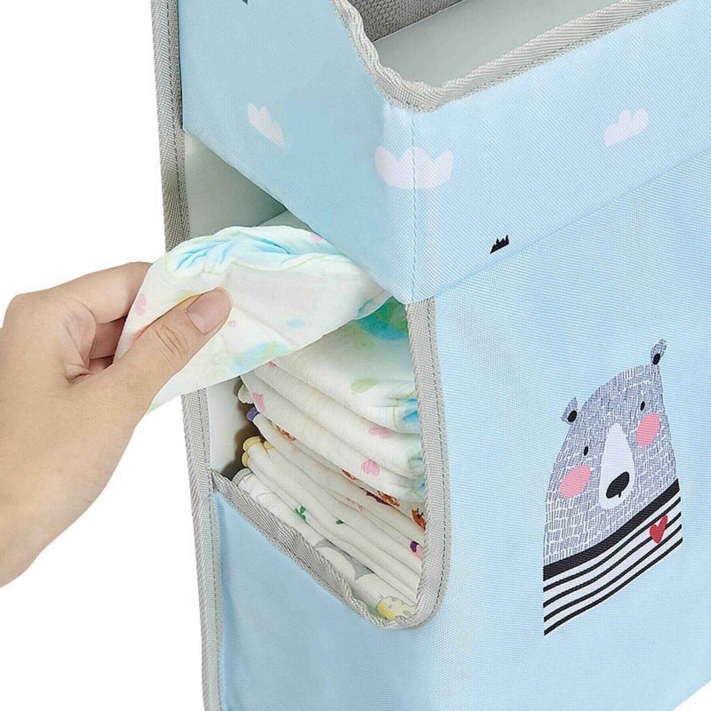 Sunveno 3-in-1 Crib Organizer with cartoon bear design holding baby diapers.