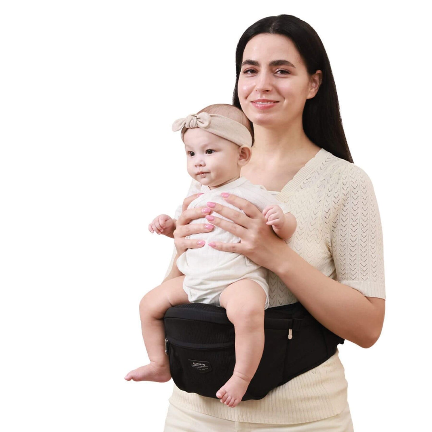 Woman holding a baby in Sunveno Easy Hold Baby Hipseat Carrier