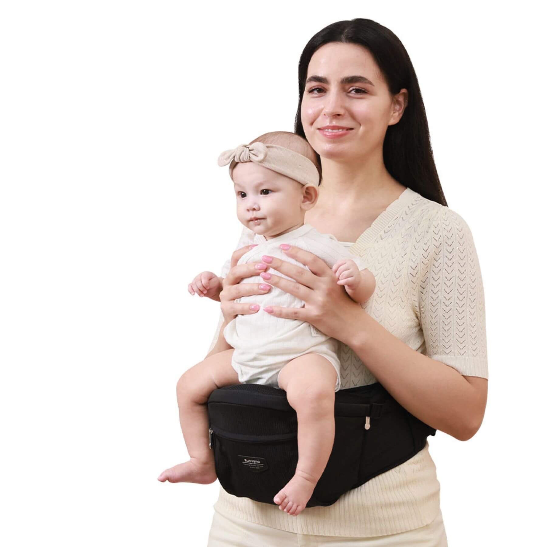 Woman holding a baby in Sunveno Easy Hold Baby Hipseat Carrier