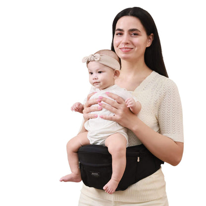 Woman holding a baby in Sunveno Easy Hold Baby Hipseat Carrier
