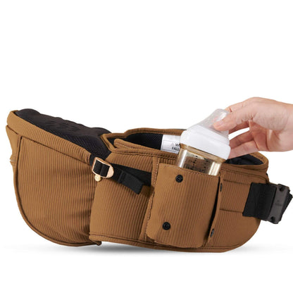 Sunveno Easy Hold Baby Hipseat Carrier - Brown with a hand holding a bottle, on a white background