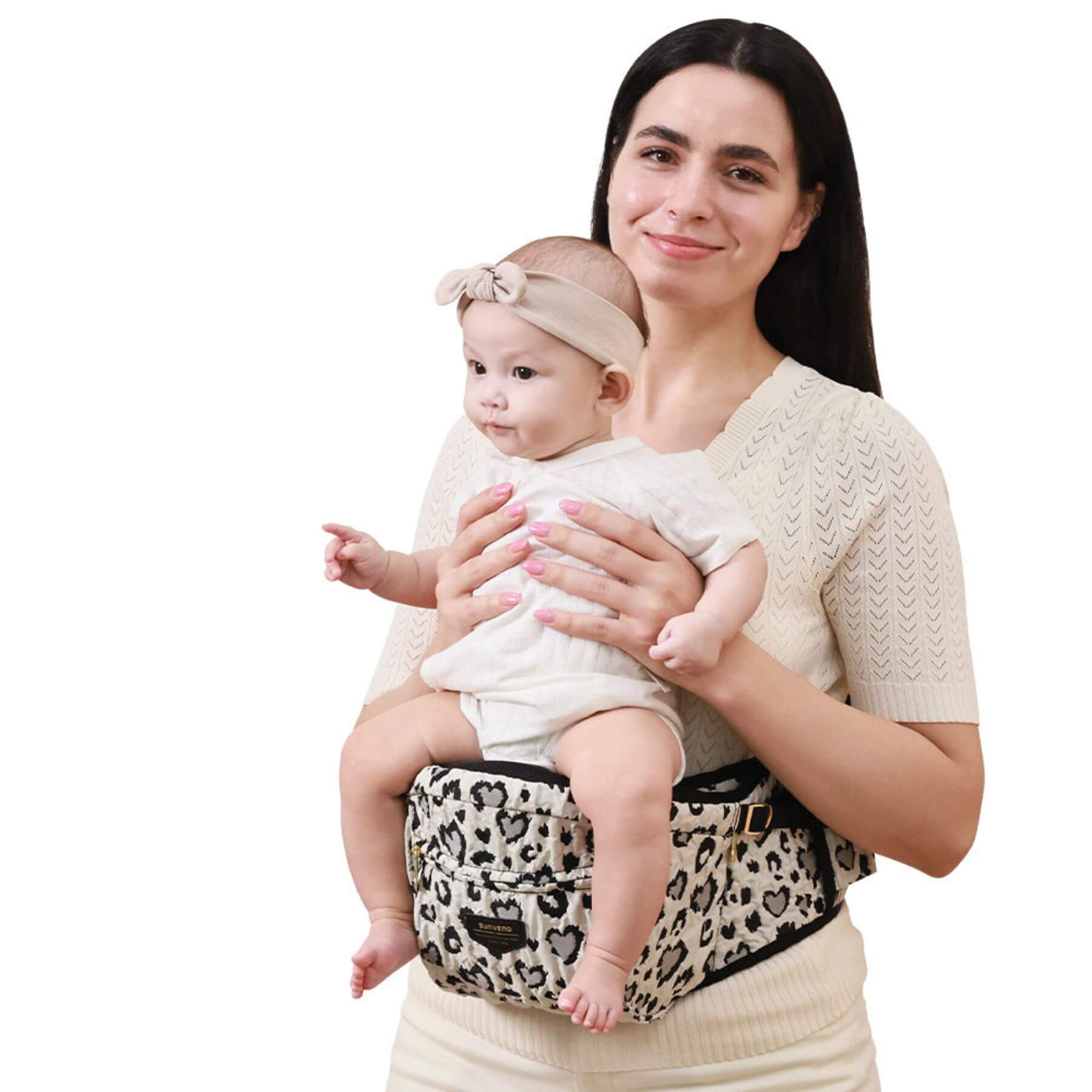 Woman holding a baby in Sunveno Easy Hold Baby Hipseat Carrier
