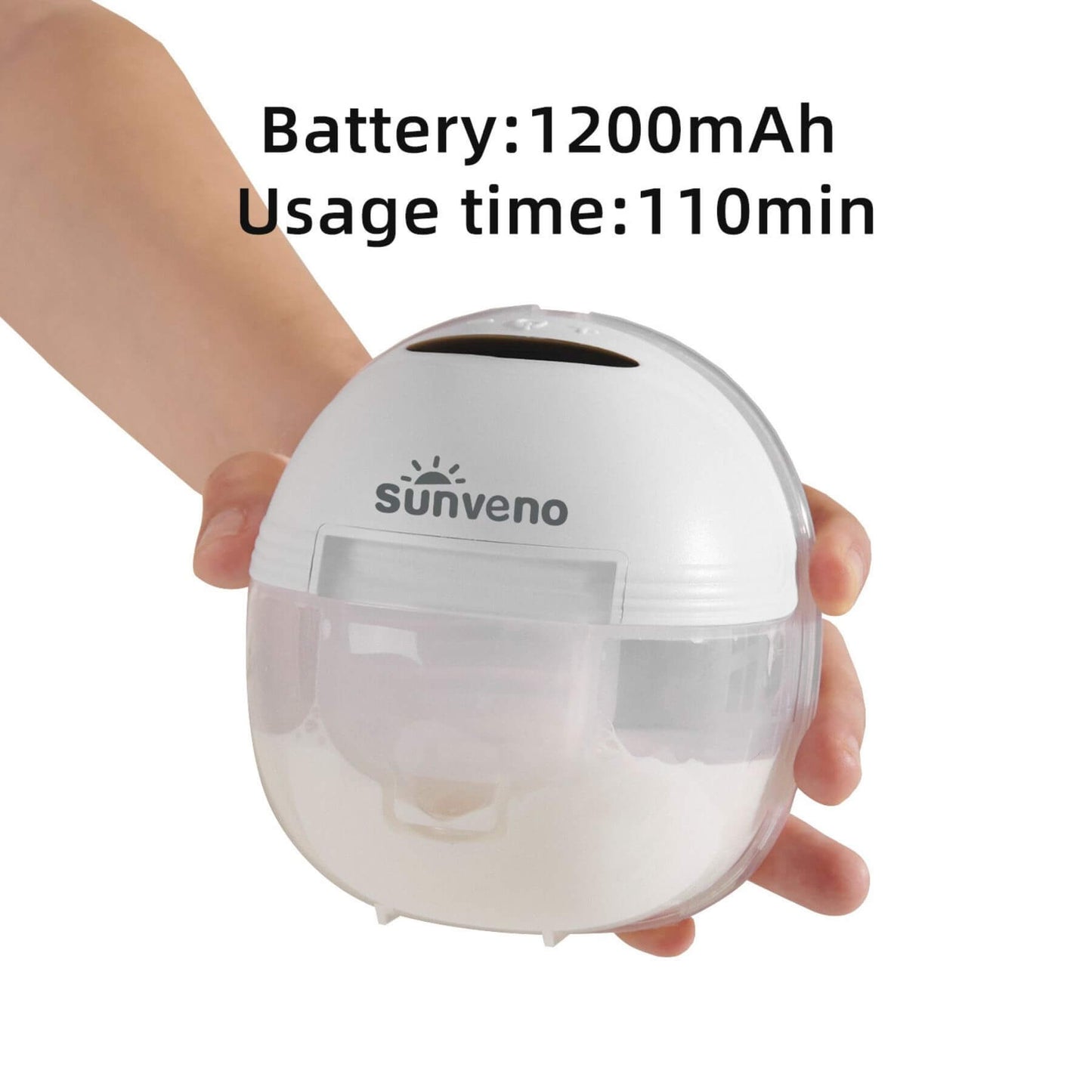 Hand holding Sunveno Hands-Free Wearable Electric Breast Pump, displaying battery information on a white background.