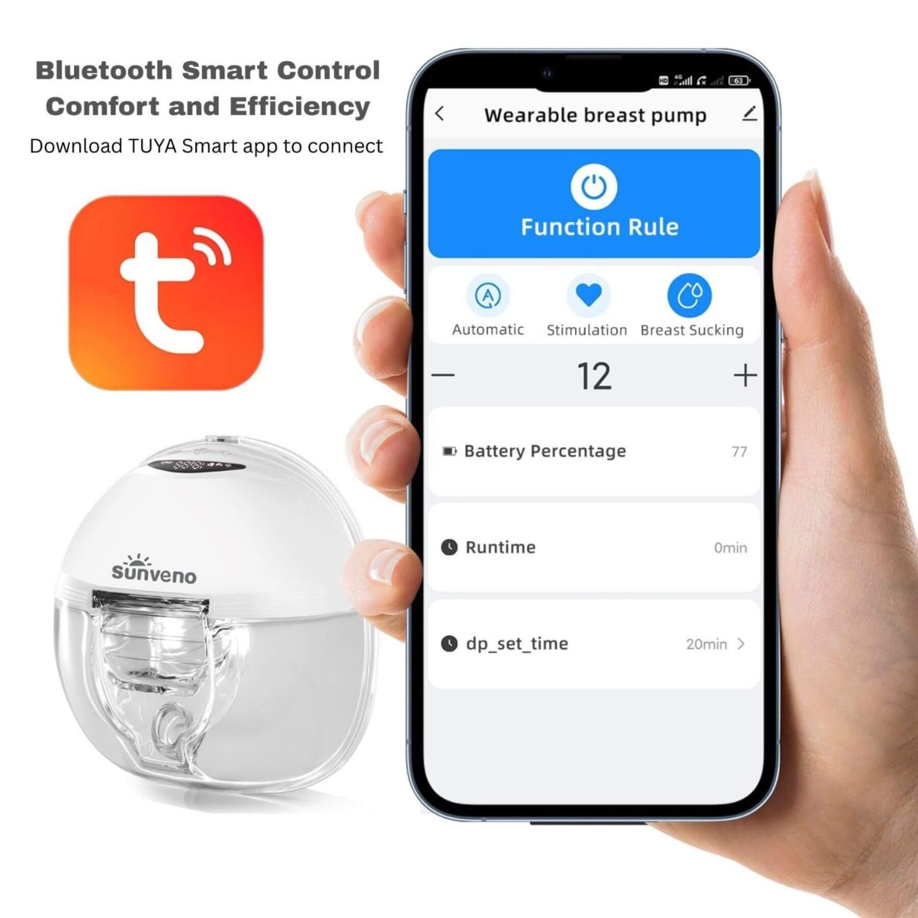 Hand holding a smartphone with Tuya app interface and Sunveno wearable breast pump.