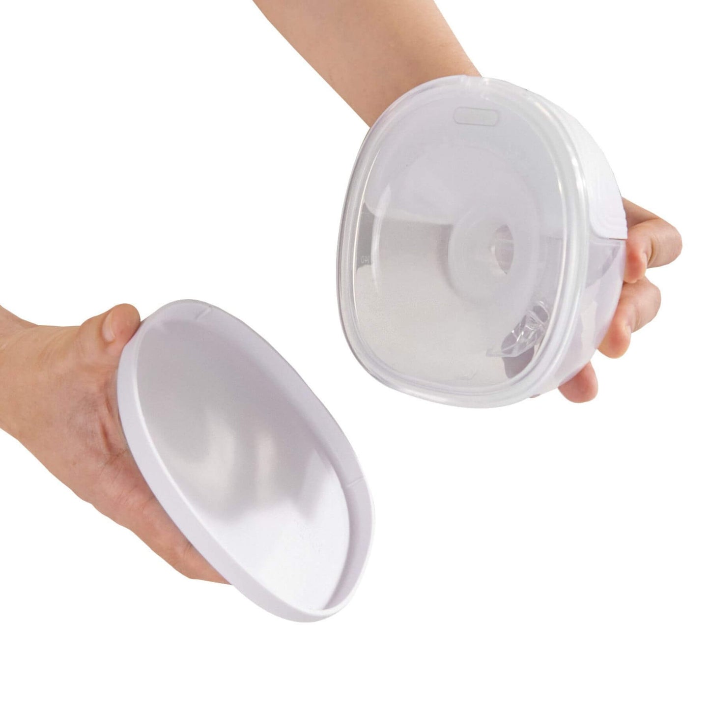 Two hands holding Sunveno Hands-Free Wearable Electric Breast Pump Set