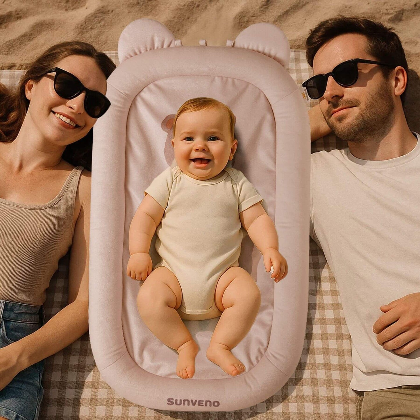 Parents sleep with baby on Sunveno Baby Lounger for Newborns - Brown