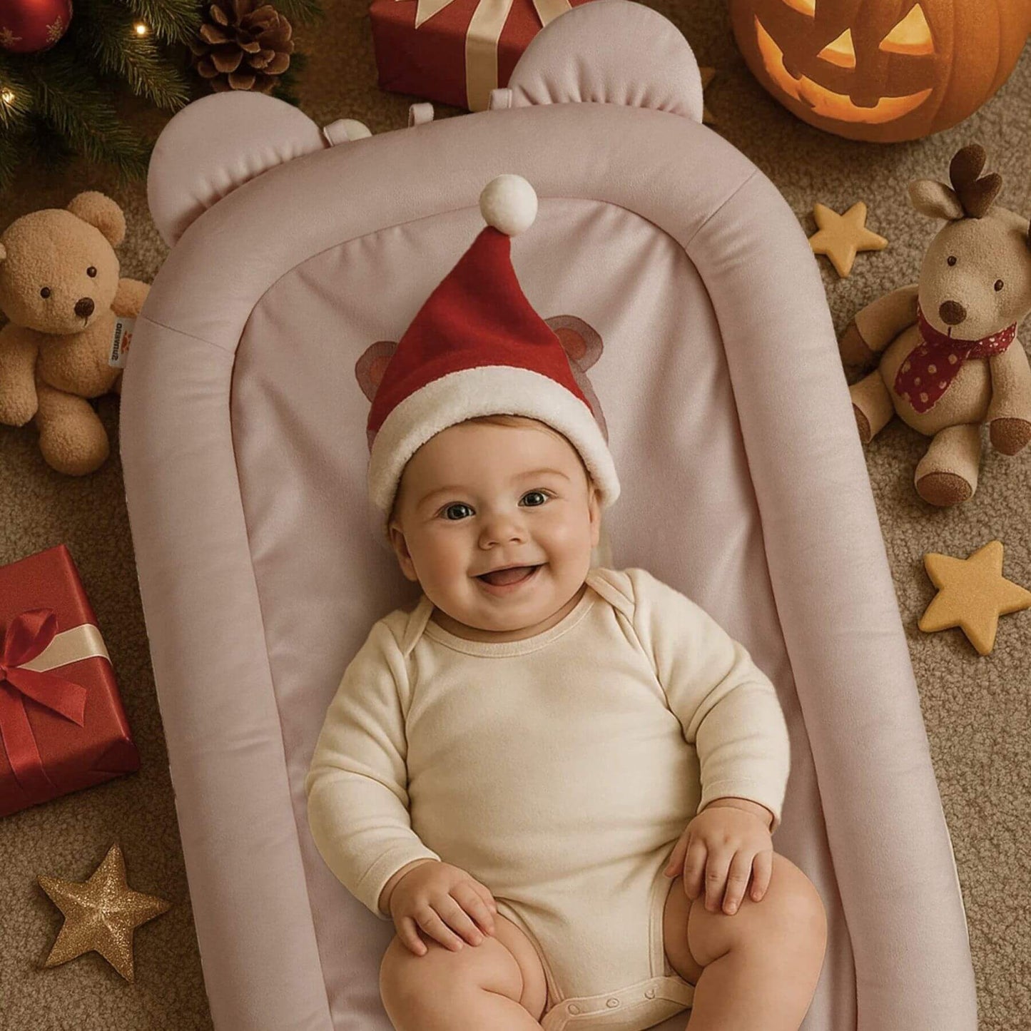 Baby sleeps on Sunveno Baby Lounger for Newborns - Brown