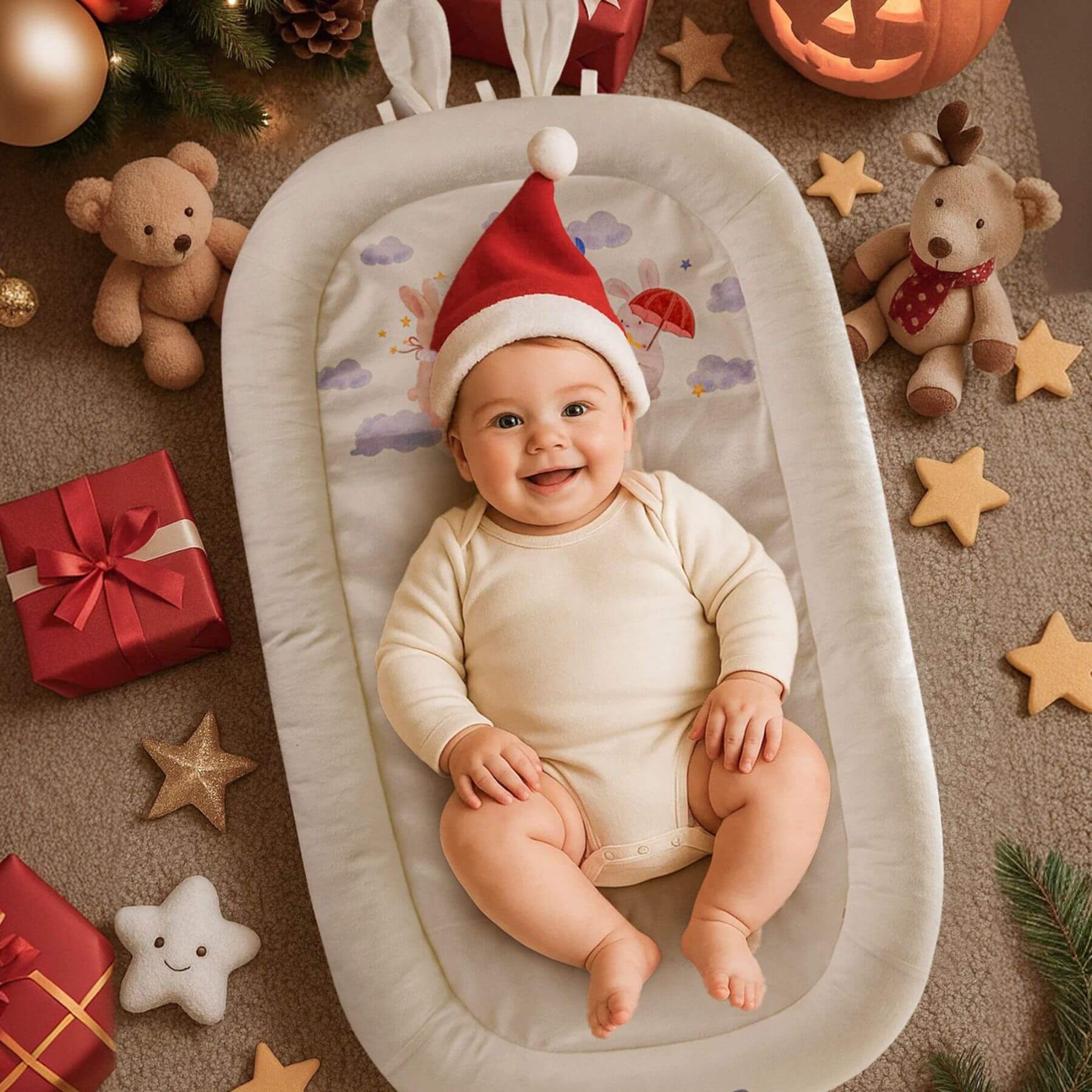 Baby lying on Sunveno Baby Lounger for Newborns - White