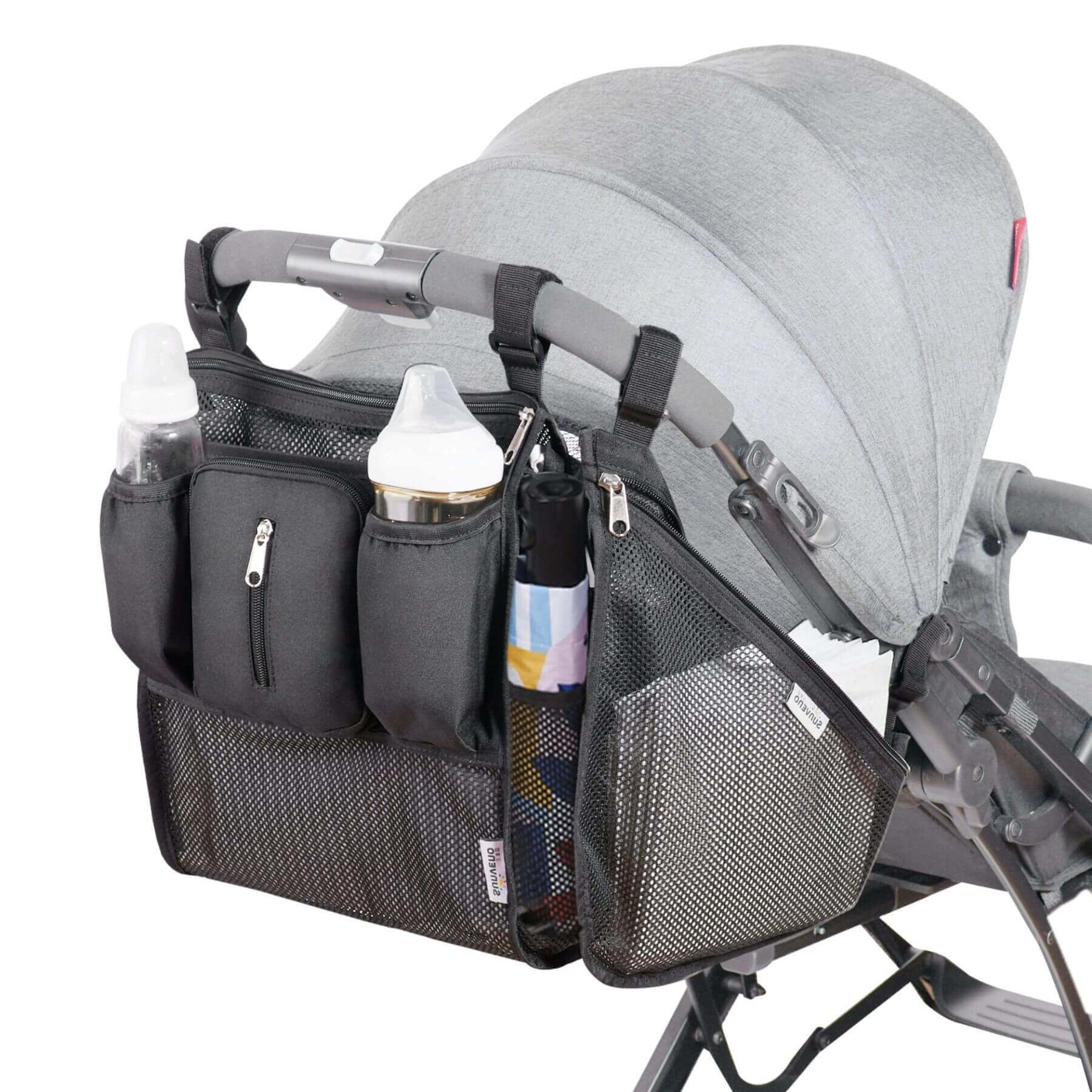 Sunveno Mesh Stroller Organizer 2 Piece Set attached to a stroller