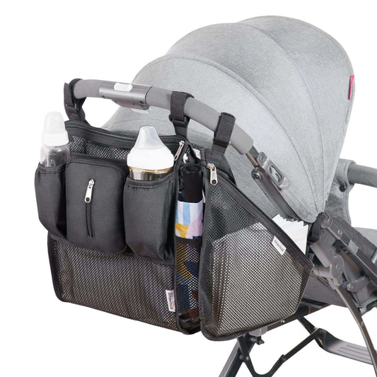 Sunveno Mesh Stroller Organizer 2 Piece Set attached to a stroller