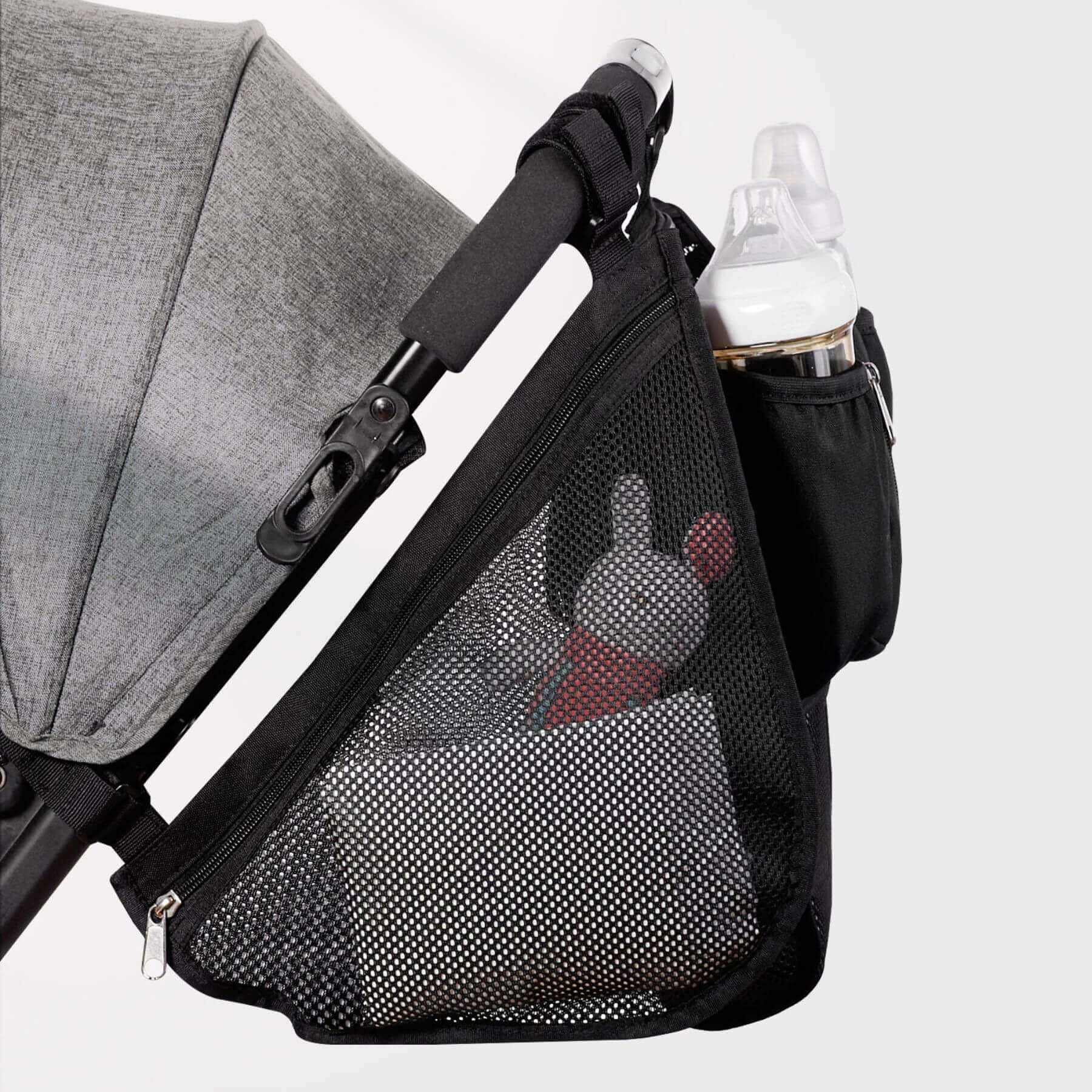 Sunveno Mesh Stroller Organizer 2 Piece Set attached to a stroller