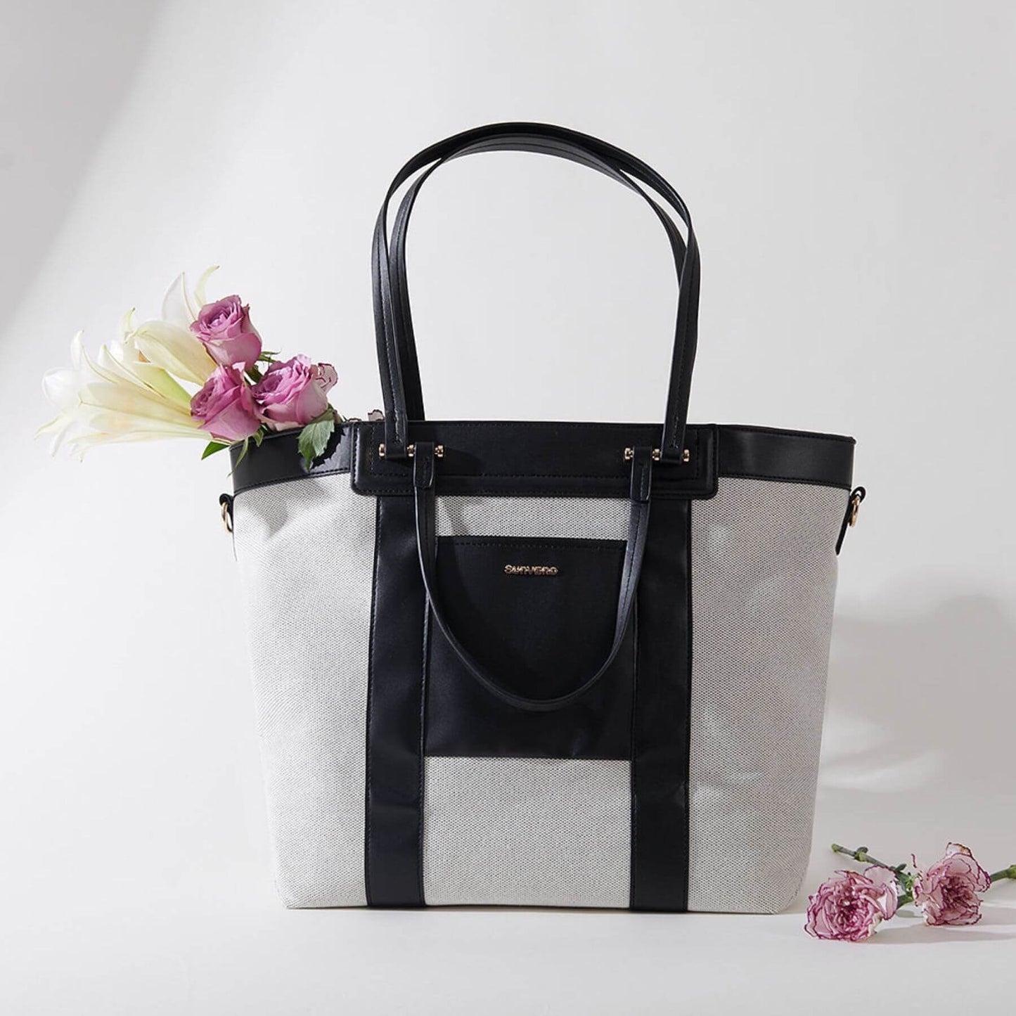 Sunveno The Mommy Tote Bag - Black with flowers on a white background