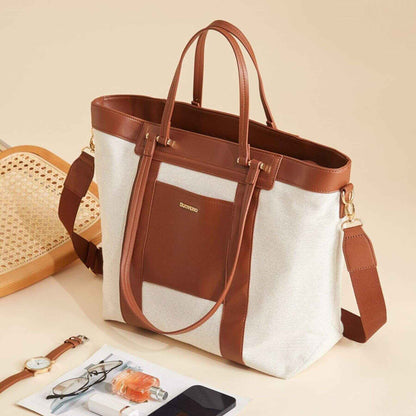 Sunveno The Mommy Tote Bag - Brown on a light background with accessories.