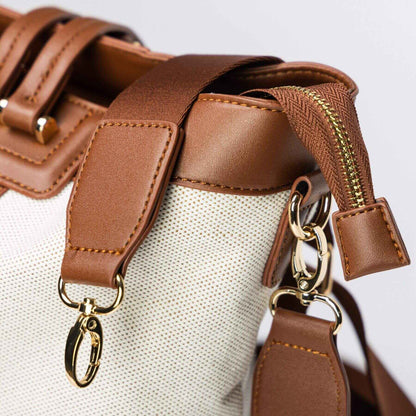 Close-up of Sunveno The Mommy Tote Bag - Brown on a light gray background