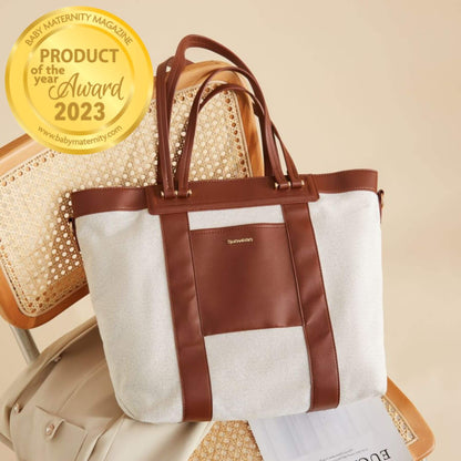 Sunveno The Mommy Tote Bag - Brown with 'Product of the Year Award 2023' badge on a beige background