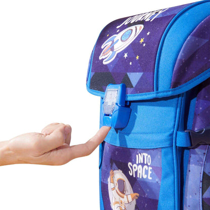 Sunveno Over-clip Kids School Backpack Blue and a hand interacting with it.