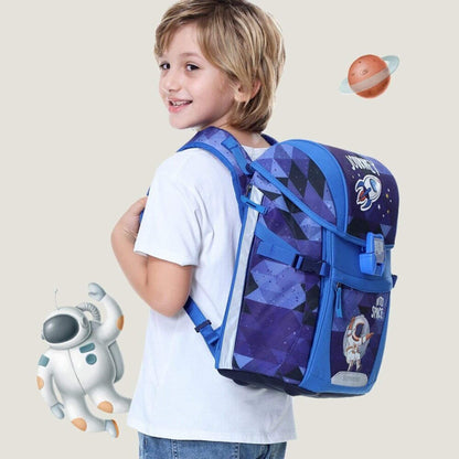 Child wearing Sunveno Over-clip Kids School Backpack Blue, standing against a plain background.