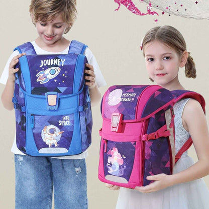 Two children holding Sunveno Over-clip Kids School Backpacks
