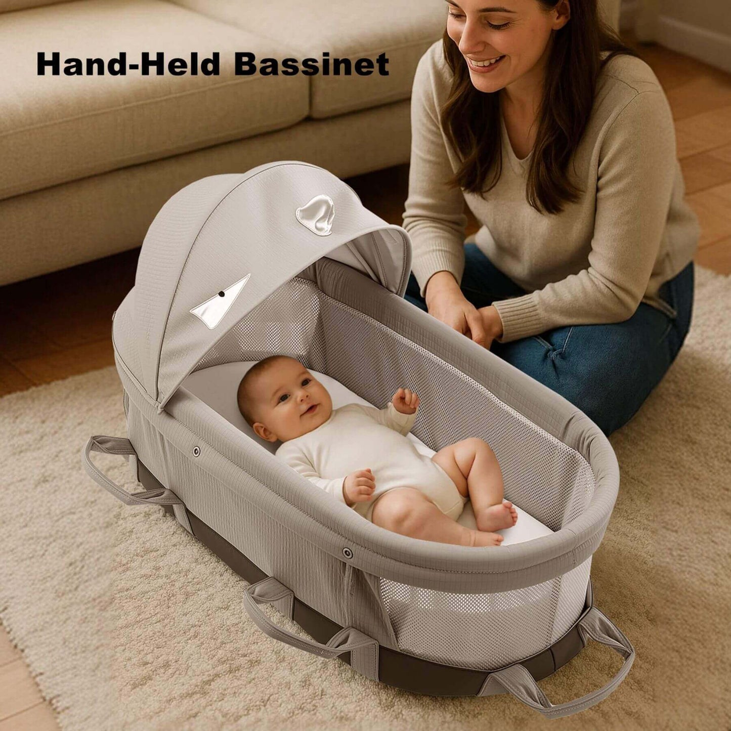 Woman with a baby in Sunveno Portable Baby Bassinet on a carpeted floor.