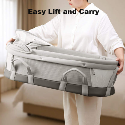 Person holding Sunveno Portable Baby Bassinet with 'Easy Lift and Carry' text above