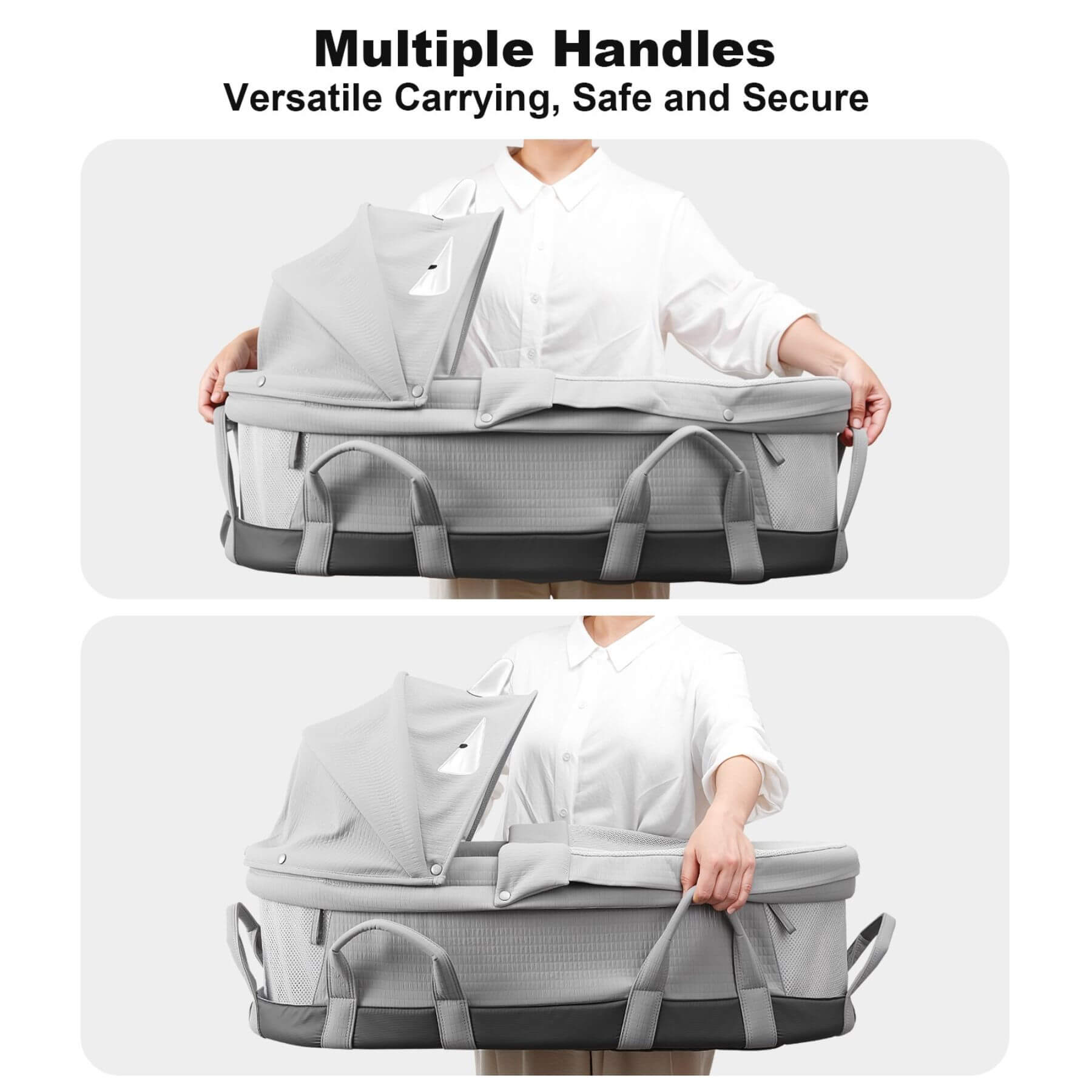 Person holding Sunveno Portable Baby Bassinet with multiple handles, emphasizing versatility, safety, and security.