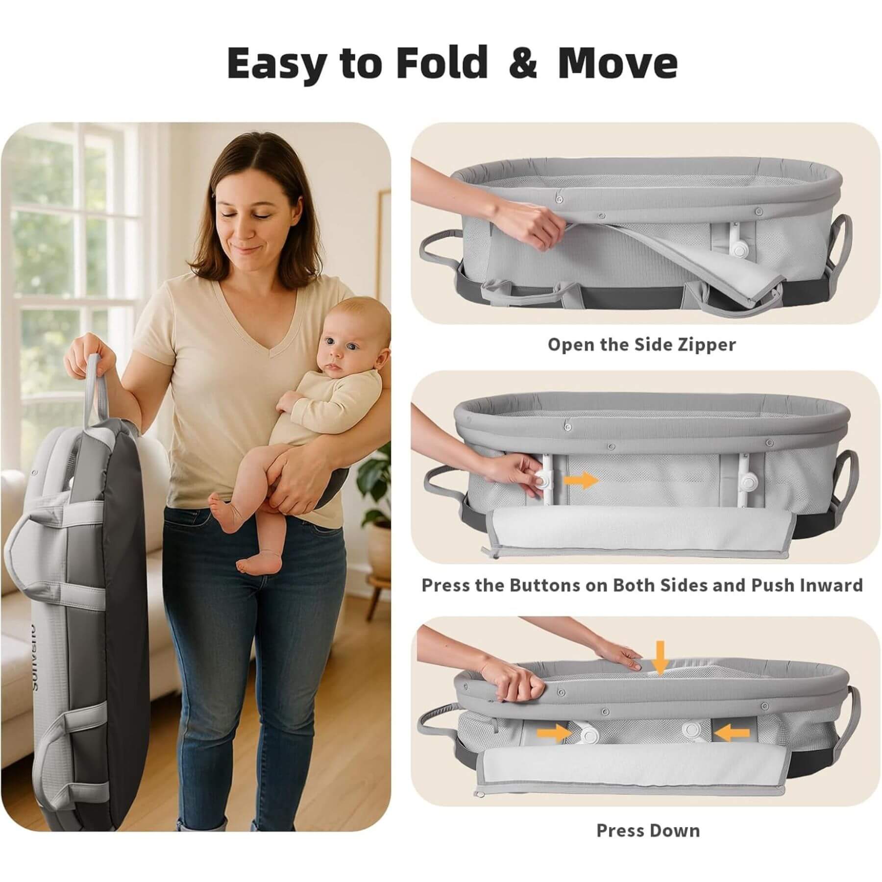 Woman holding a baby with Sunveno Portable Baby Bassinet and instructions on how to fold it.