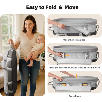 Woman holding a baby with Sunveno Portable Baby Bassinet and instructions on how to fold it.