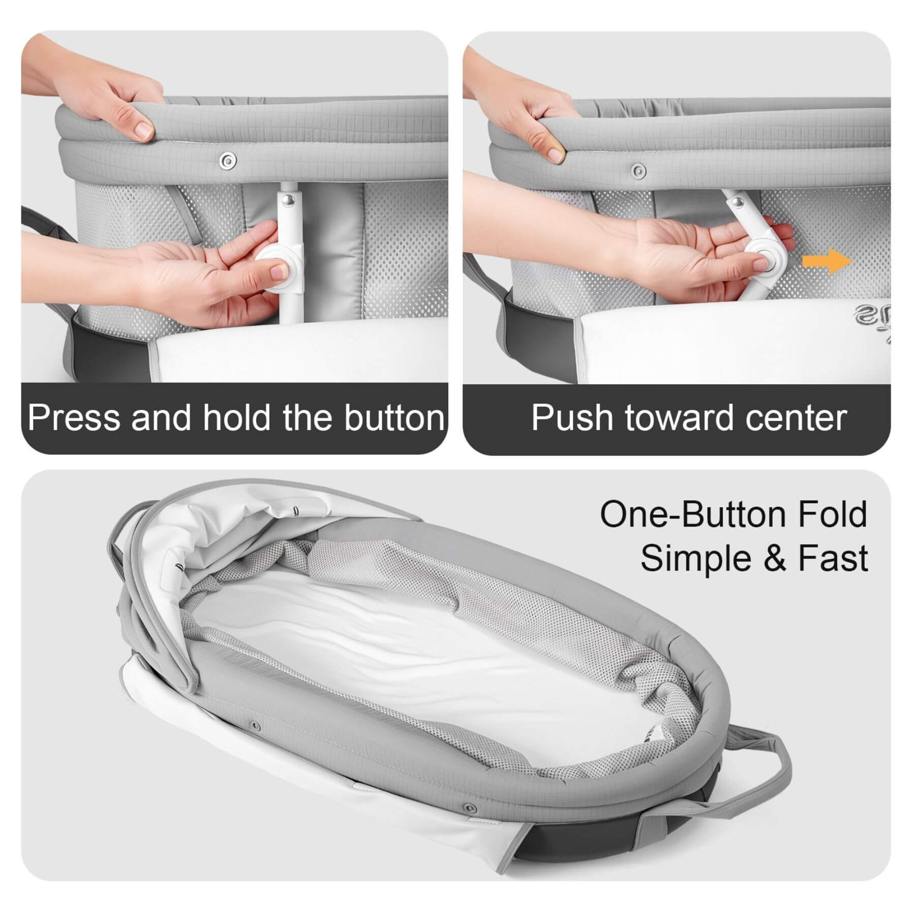 Instructions for folding a baby bassinet with text overlay on a white background