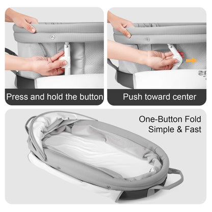 Instructions for folding a baby bassinet with text overlay on a white background