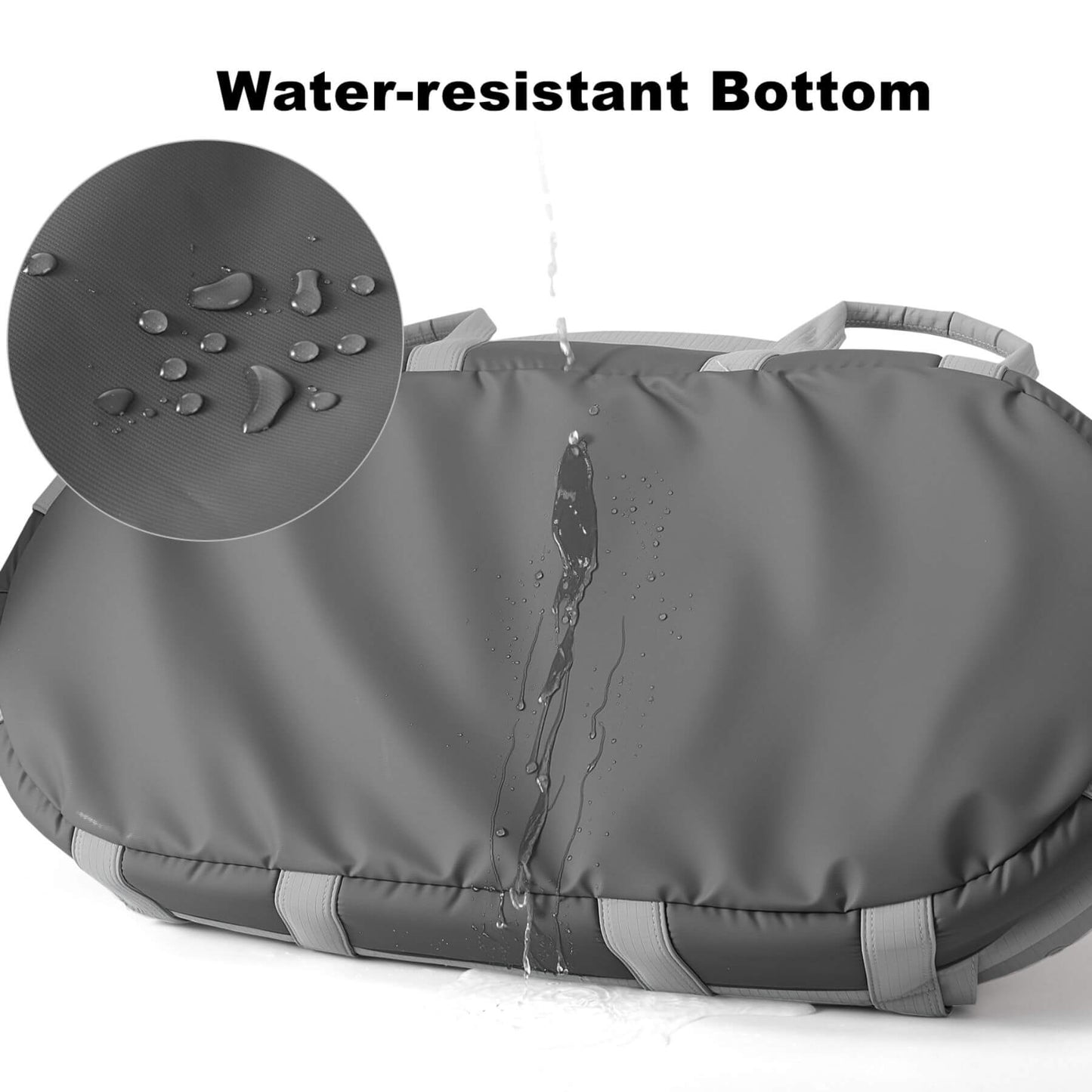 Gray water-resistant cover with water droplets and splashes on a white background