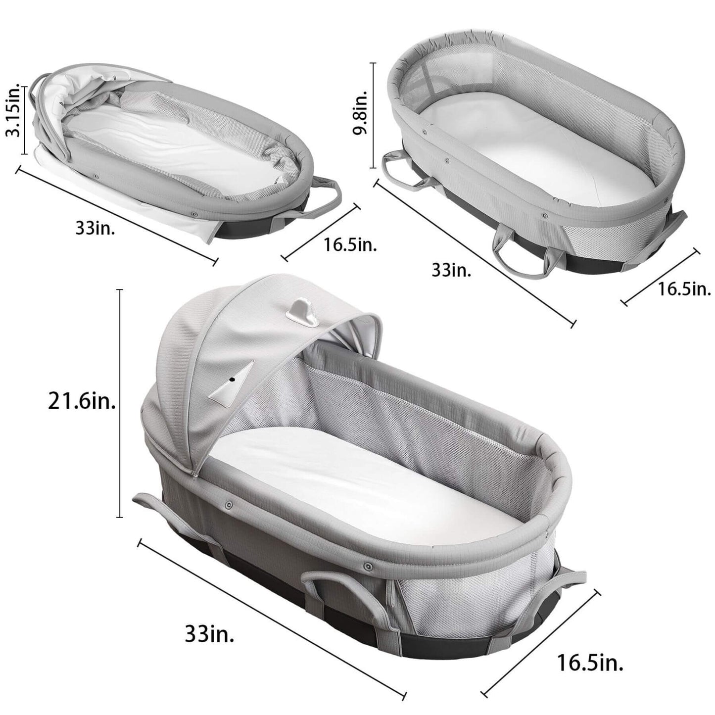 Dimensions of Sunveno Portable Baby Bassinet with measurements labeled
