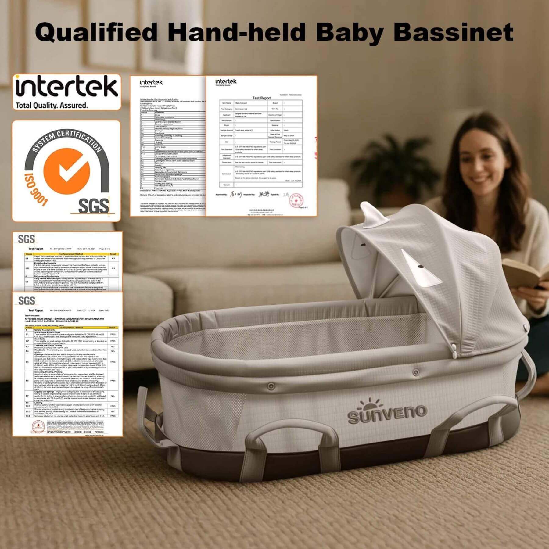 Sunveno Portable Baby Bassinet with Intertek and SGS certification logos in a living room setting.