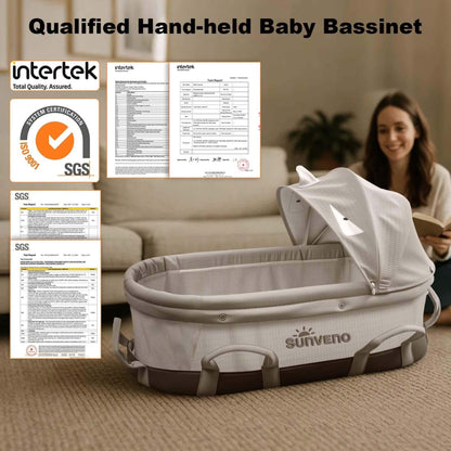 Sunveno Portable Baby Bassinet with Intertek and SGS certification logos in a living room setting.
