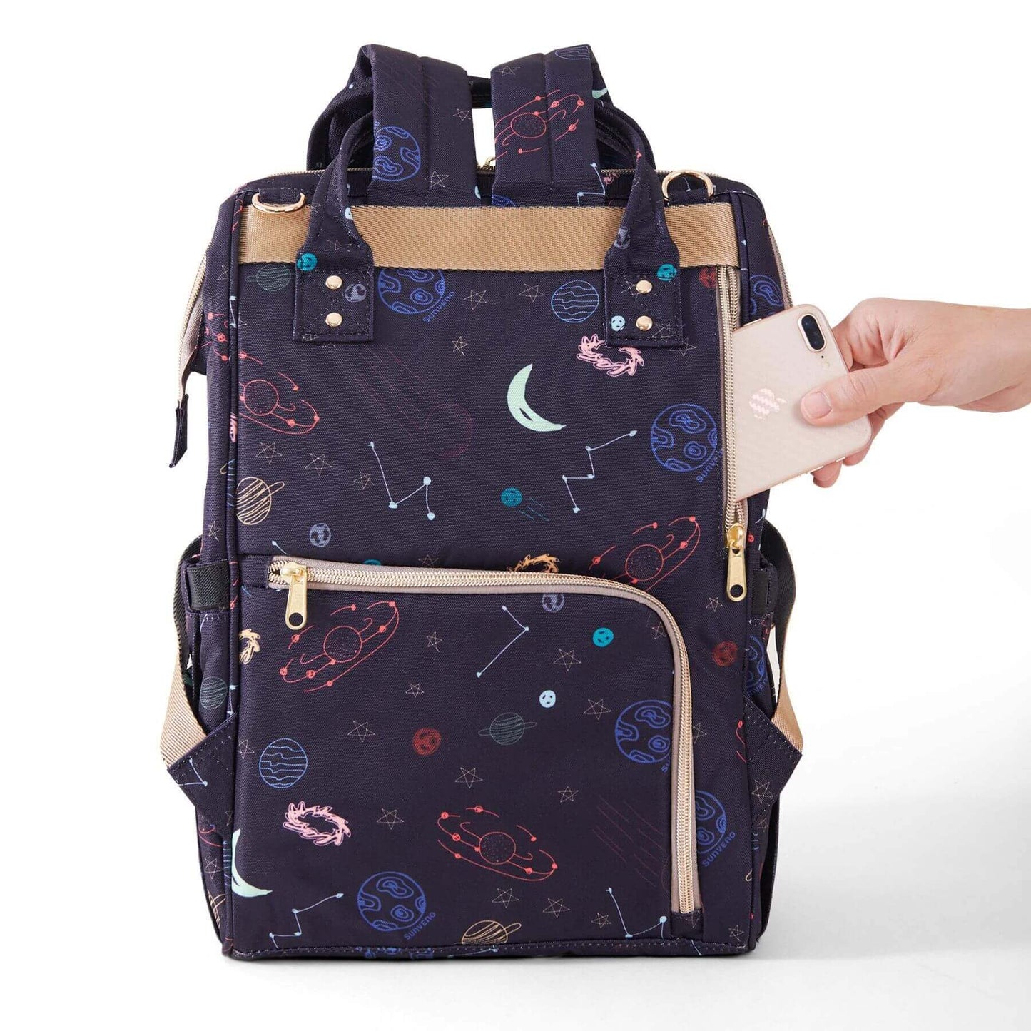 Hand putting a phone in Sunveno Timeless Baby Diaper Backpack - Night Sky