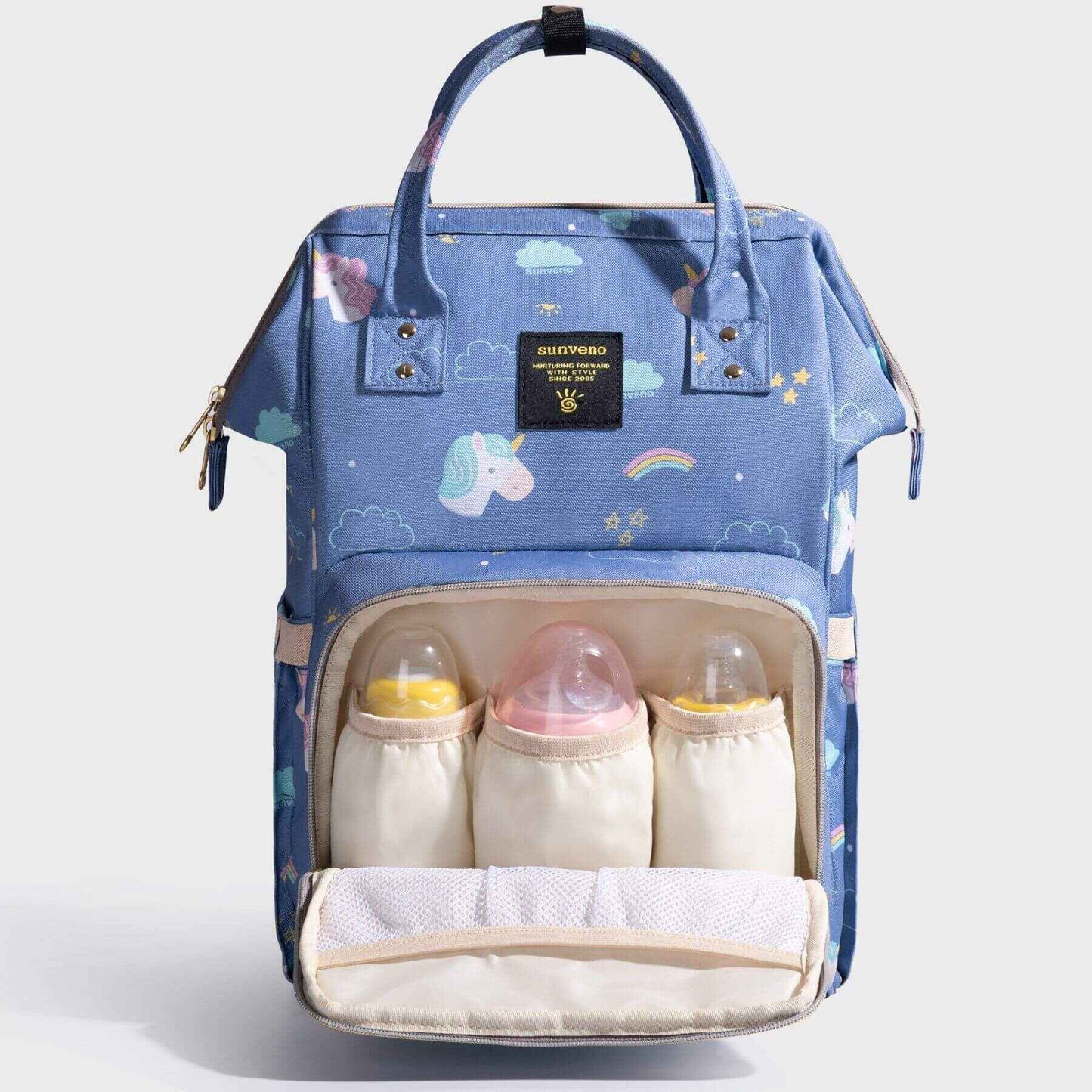 Sunveno Timeless Baby Diaper Backpack - Blue Unicorn with 3 bottles