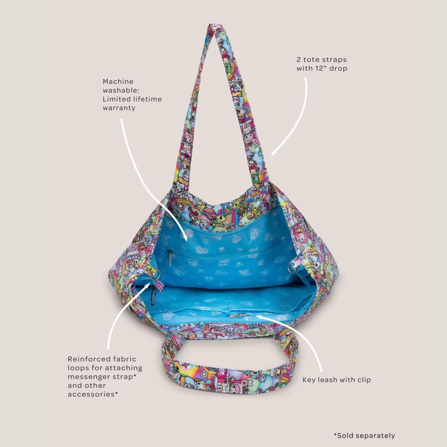 tokidoki Super Be Diaper Bag Tote with text detailing features on a beige background