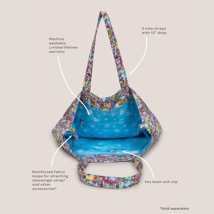 tokidoki Super Be Diaper Bag Tote with text detailing features on a beige background