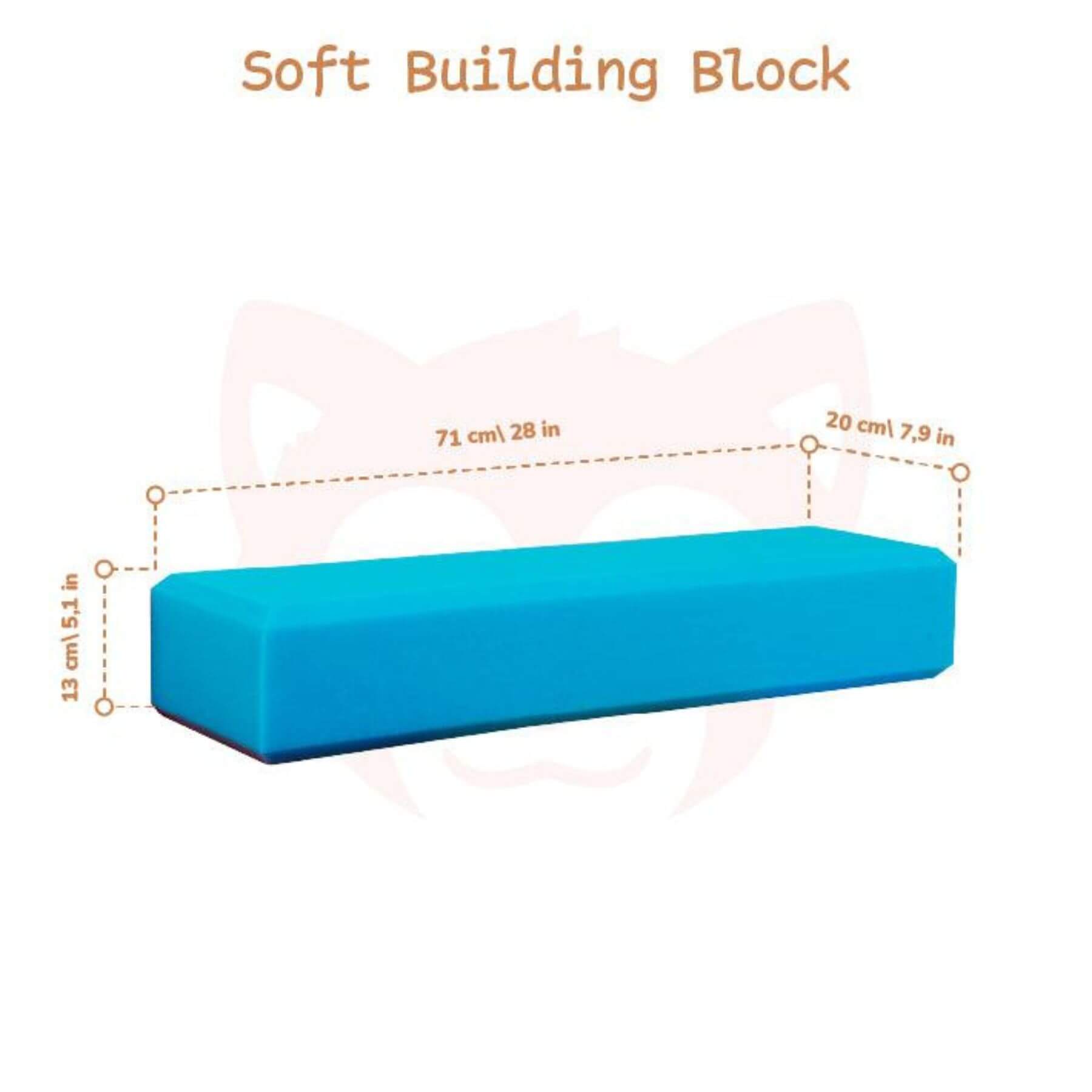 Blue soft building block with measurements on a white background