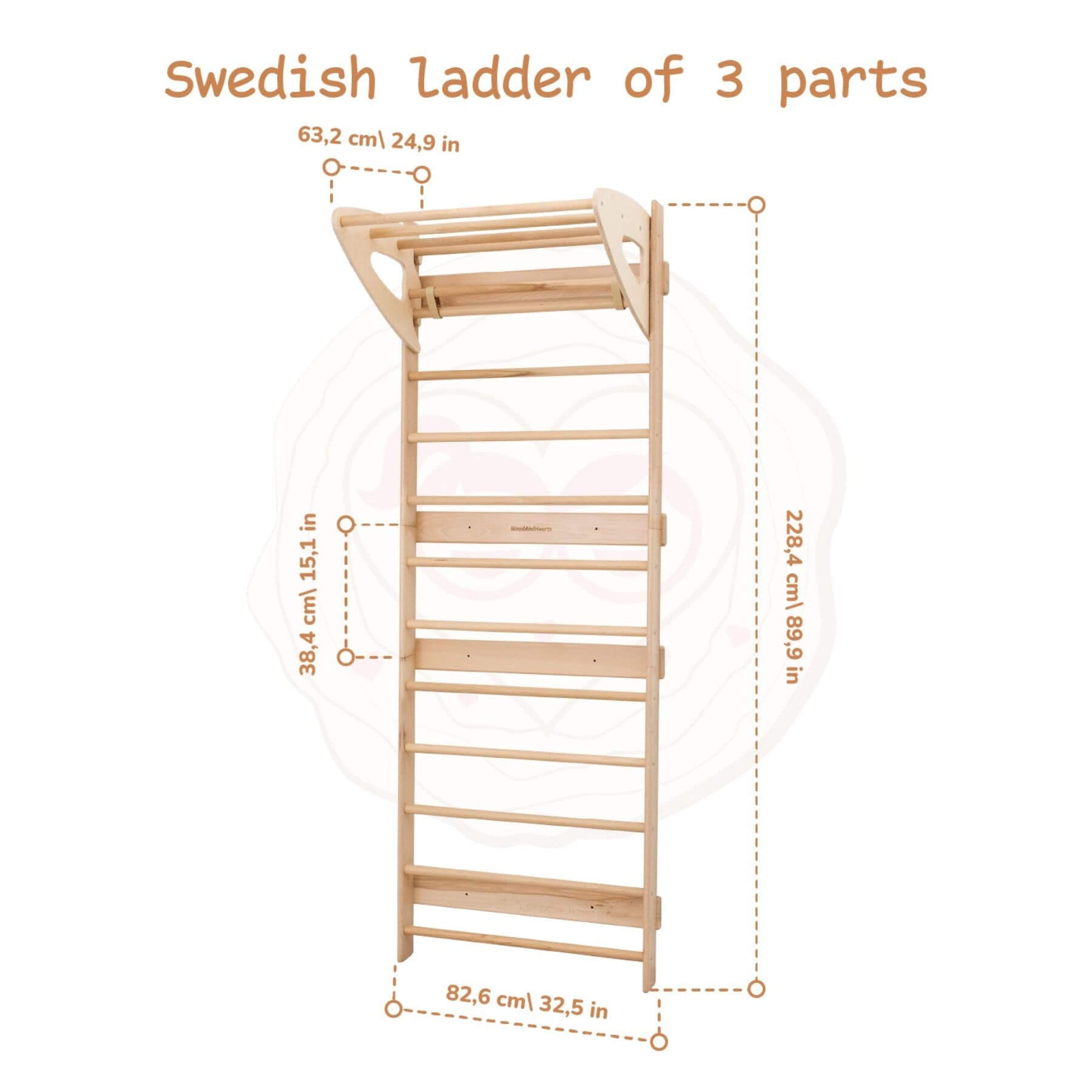 Wooden Swedish ladder with measurements on a white background
