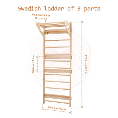 Wooden Swedish ladder with measurements on a white background