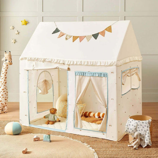 Tiny Land® Sweet Citrus Kid's Play Tent - Creamy white/blue in a room with toys and décor.