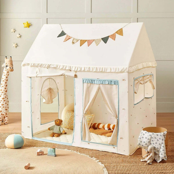 Tiny Land® Sweet Citrus Kid's Play Tent - Creamy white/blue in a room with toys and décor.